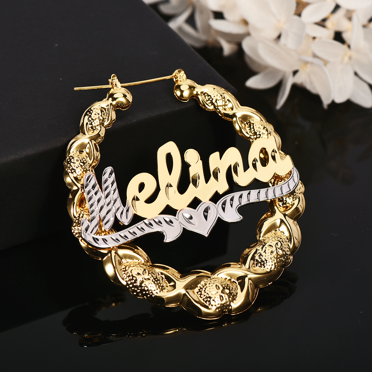 Two Tone XOXO Bamboo Earrings with Heart Personalized Custom Gold Plated Name Earrings-silviax