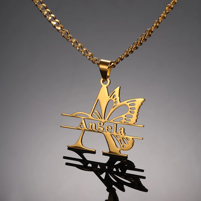 Butterfly Big First Letter Personalized Custom Gold Plated Name Necklace Choker Necklace-silviax
