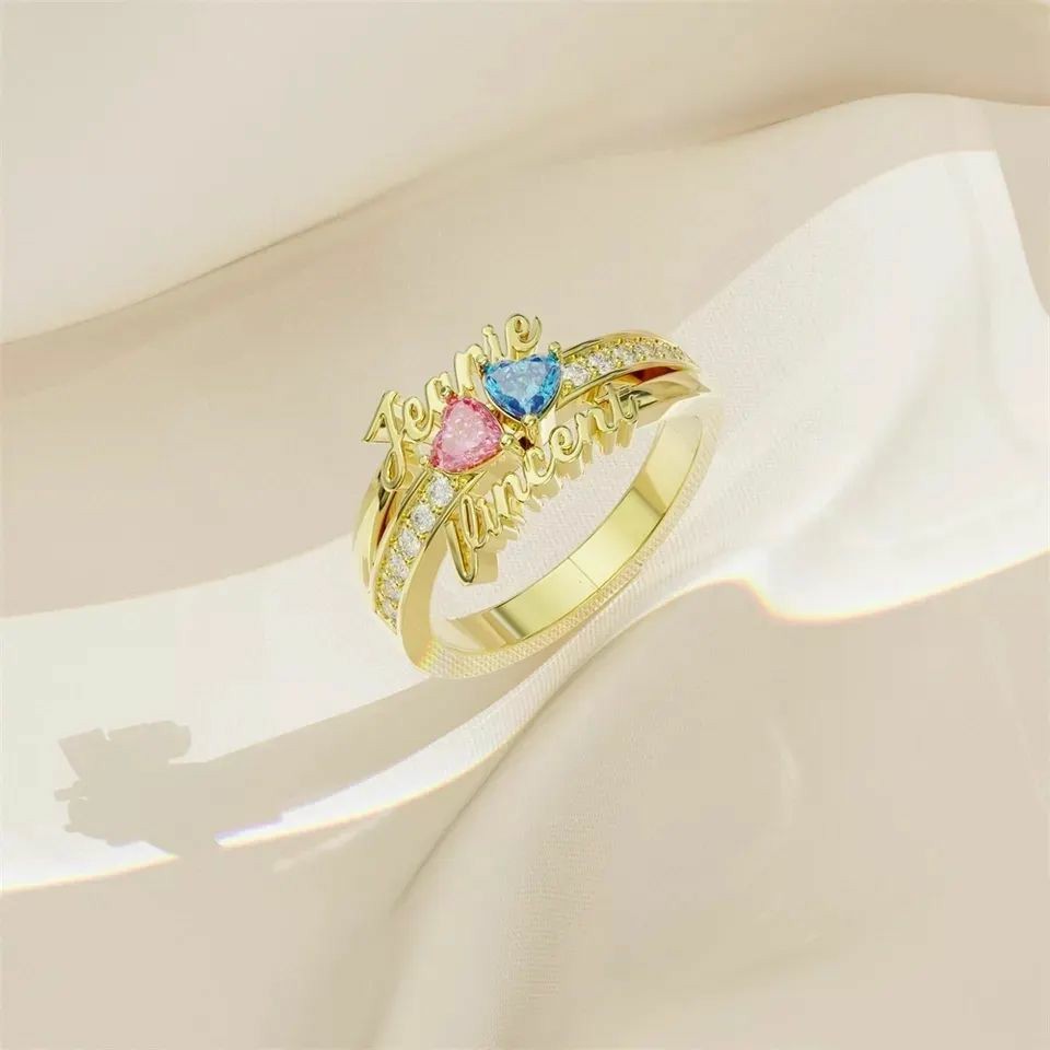 Personalized Custom Zirconia Two Names with Birthstone Gold Plated Name Ring-silviax