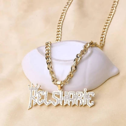 Inlaid Zircon Capital Letter Nameplate with Crown Pendant Personalized Custom Gold Plated Name Naecklace-silviax