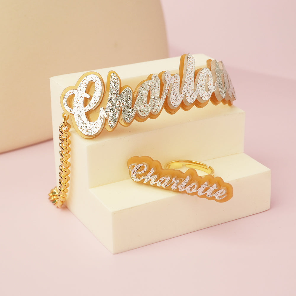 Acrylic Personalized Custom Gold Plated Name Bangle Bracelet and Name Ring Set-silviax