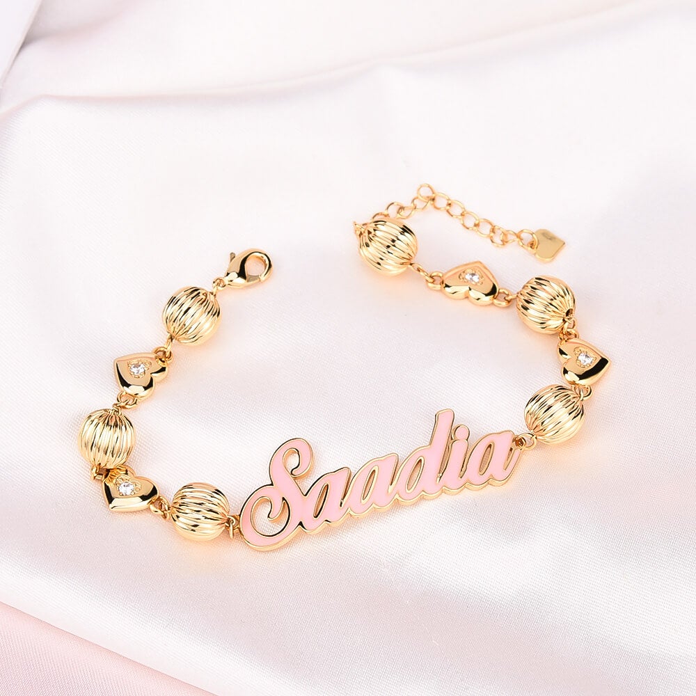 Pink Enamel With Round Beads And Heart Personalized Custom Gold Plated Name Bracelet-silviax