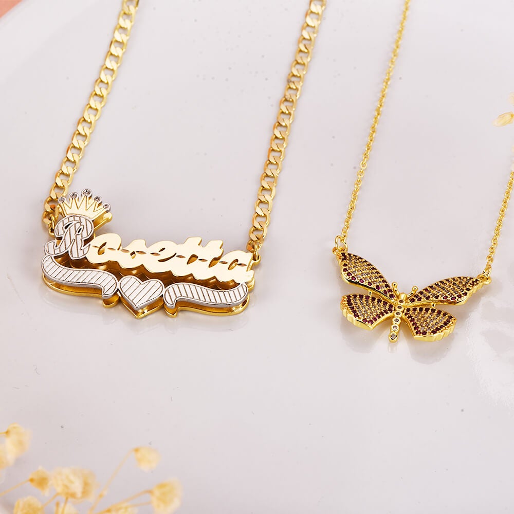 Color Butterfly Pendant Necklace And Double Plate Two Tone with Crown Heart Personalized Custom Name Necklace Gold Plated Set-silviax