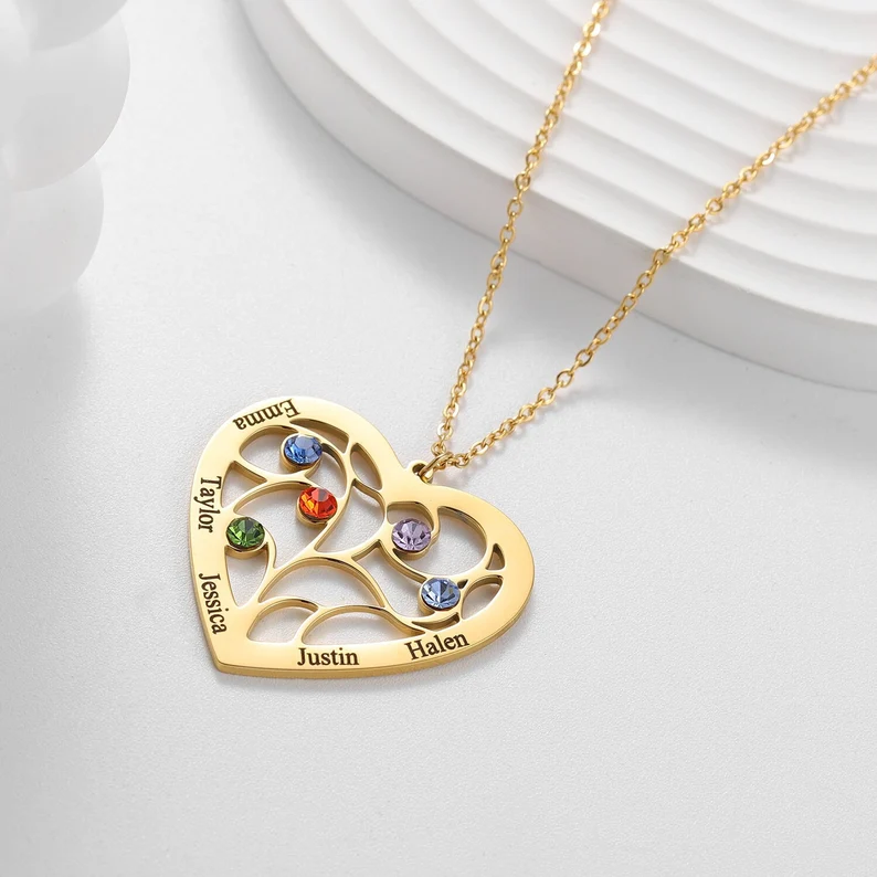  Heart Shaped 5 Names with Birthstone Personalized Custom Name Necklace Family Necklace Gold Plated 