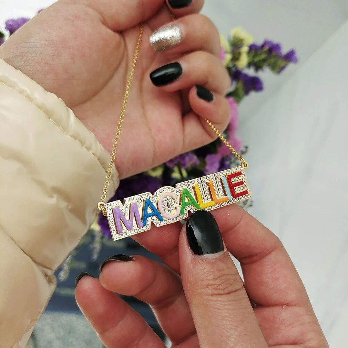 Personalized Gold Plated Colorful Enamel Outline Pave Name Necklace-silviax