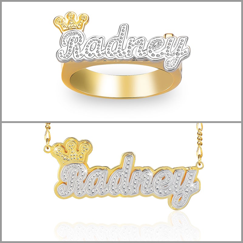 Crown Two-tone Personalized Custom Name Ring and Double Plate Necklace Set Gold Plated-silviax
