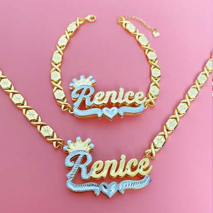 Double Layer Two Tone Crown Heart with XOXO Chain Personalized Custom Gold Plated Name Necklace And Bracelet Set-silviax