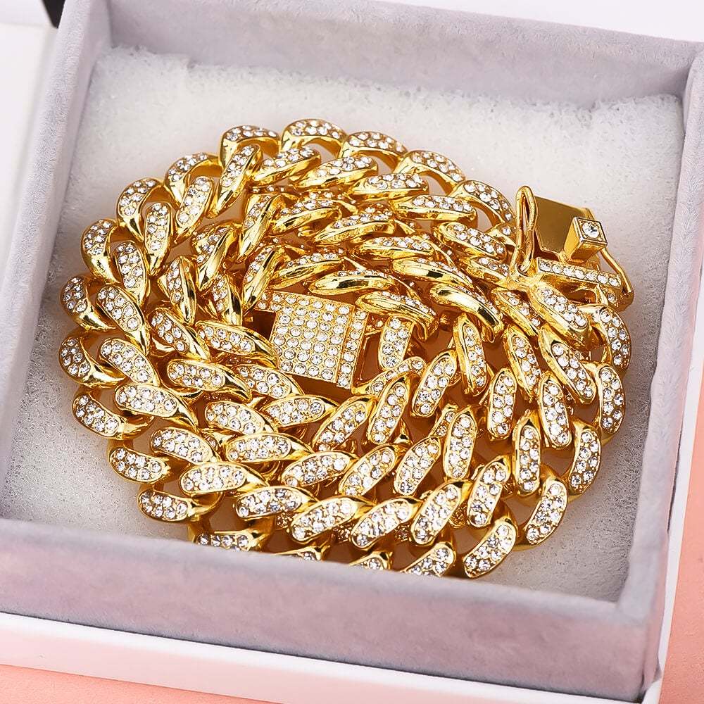 12MM Cuban Chain Gold Plated CZ Fully Iced-Out Necklace Hip Hop Style Jewelry for Men Women-silviax