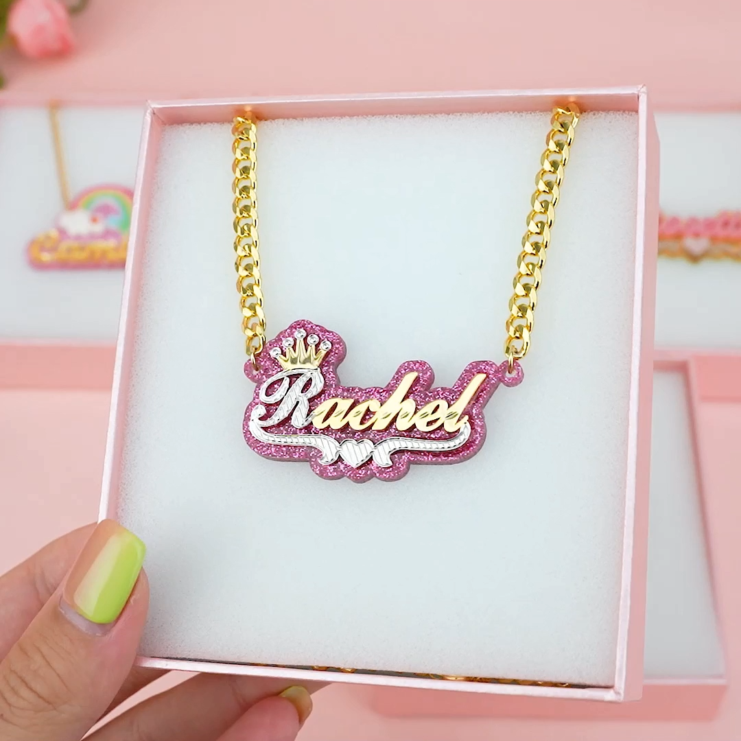 Purple Acrylic Personalized Gold Plated Two Tone Crown Name Necklace-silviax