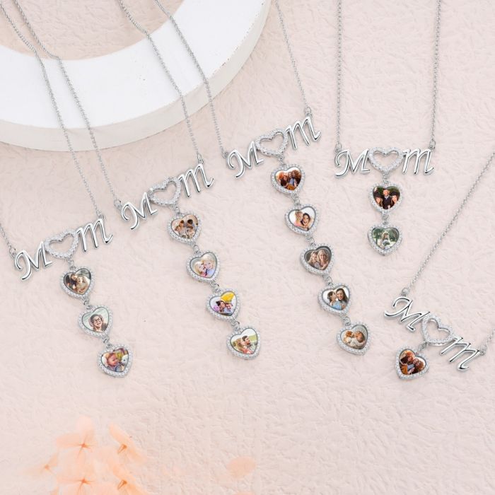 Mom 1 To 5 Hearts Photos Pendant With Engraved Text Personalized Custom Family Necklace-silviax