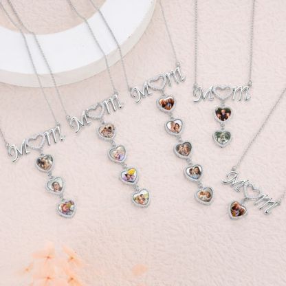 Mom 1 To 5 Hearts Photos Pendant With Engraved Text Personalized Custom Family Necklace-silviax