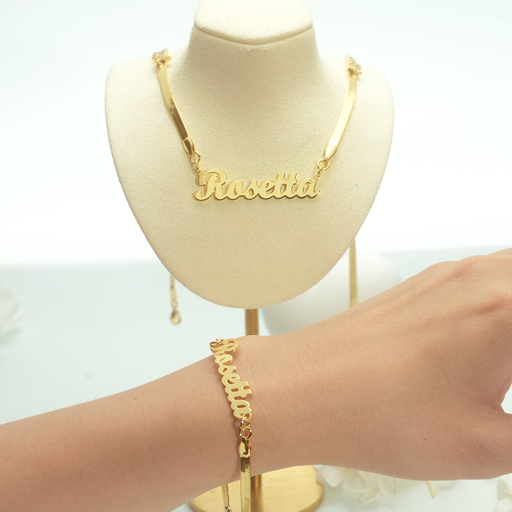 Snake Chain with Butterfly Gold Plated Personalized Custom Name Necklace and Bracelet Set-silviax