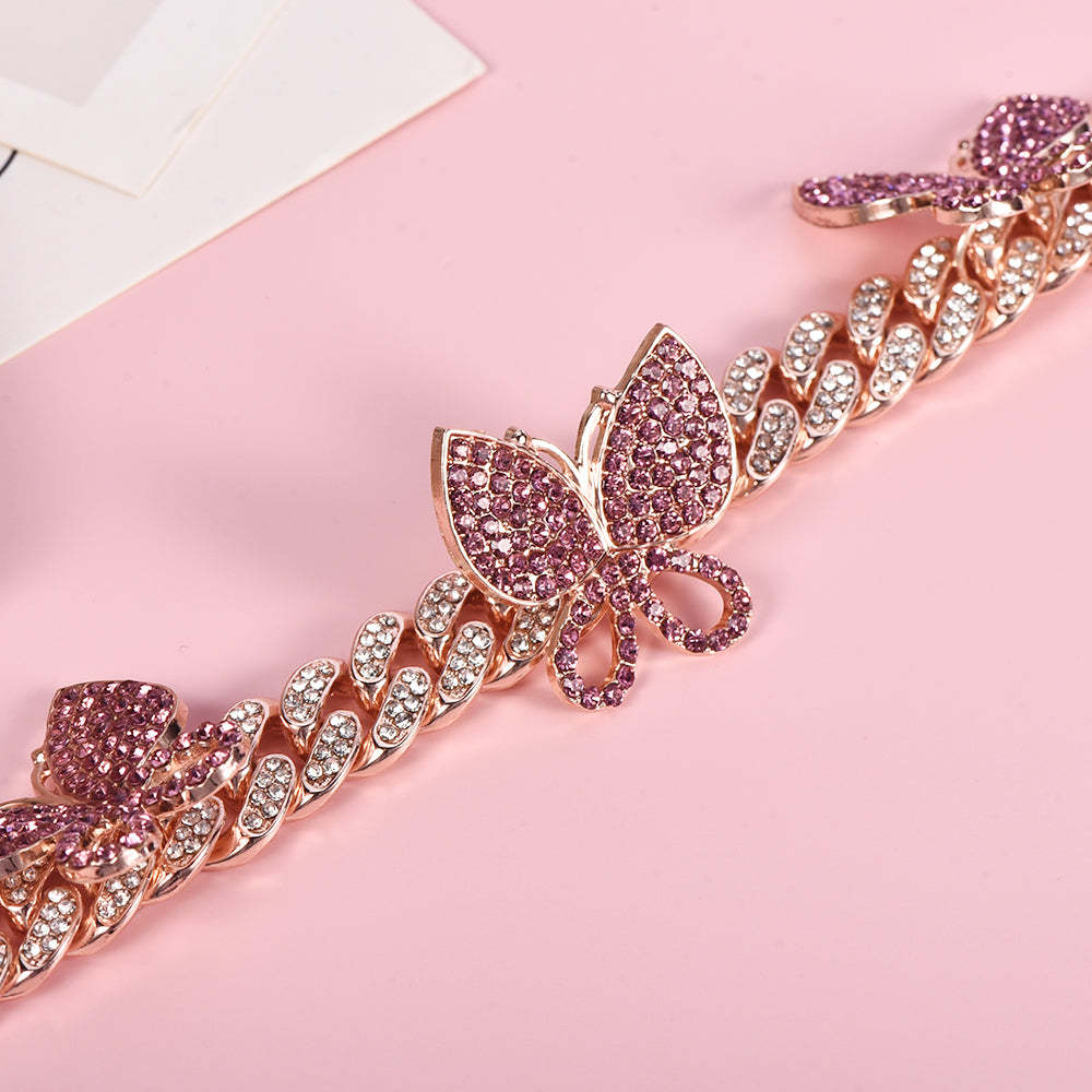 Hip Hop Cubic Zirconia Butterfly Choker Cuban Chain Necklace-silviax
