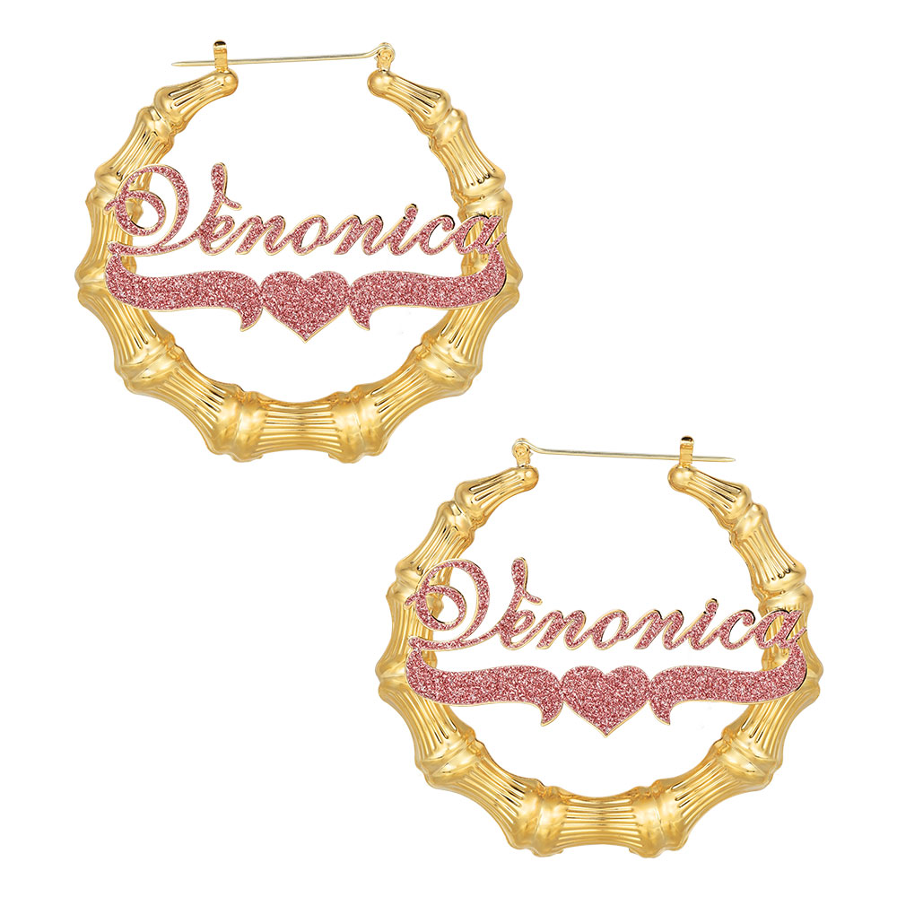 Pink Color Nameplate with Heart Personalized Custom Bling Bamboo Name Earrings Mother Gift-silviax
