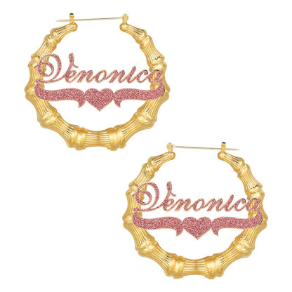 Pink Color Nameplate with Heart Personalized Custom Bling Bamboo Name Earrings Mother Gift-silviax
