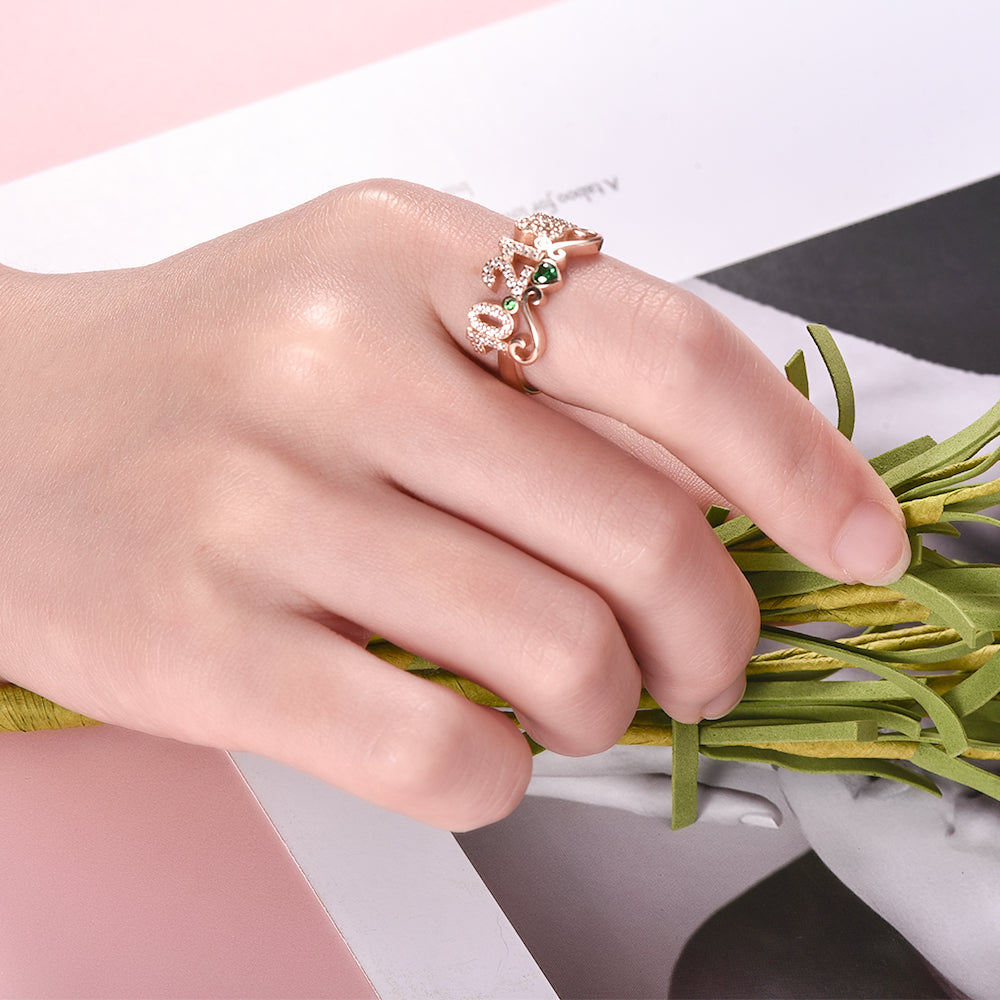 Personalized CZ Pave Date Ring with Birthstone and Heart Anniversary Ring