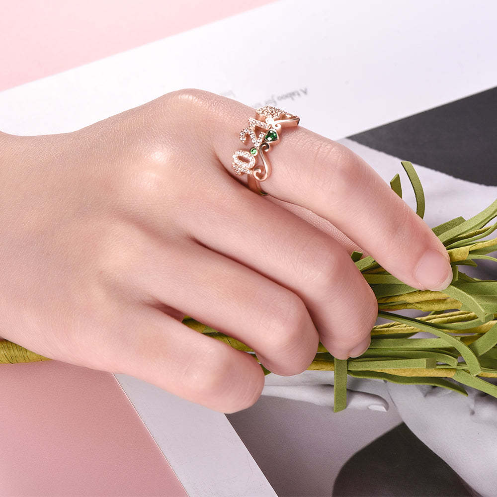 Personalized CZ Pave Date Ring with Birthstone and Heart Anniversary Ring