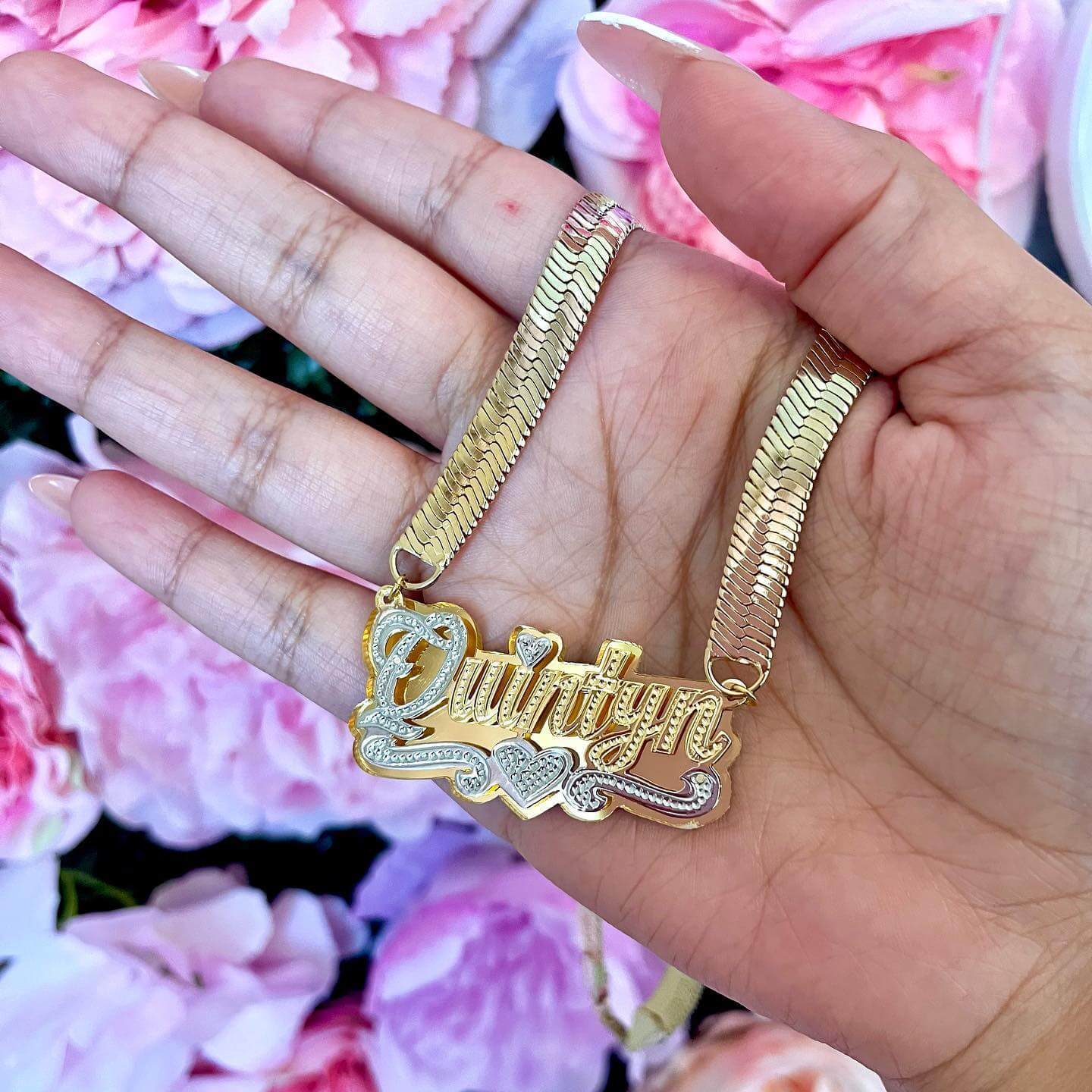 Double Layer Two Tone Heart Nameplate With Snake Chain Personalized Custom Name Necklace-silviax