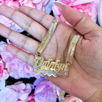 Double Layer Two Tone Heart Nameplate With Snake Chain Personalized Custom Name Necklace-silviax