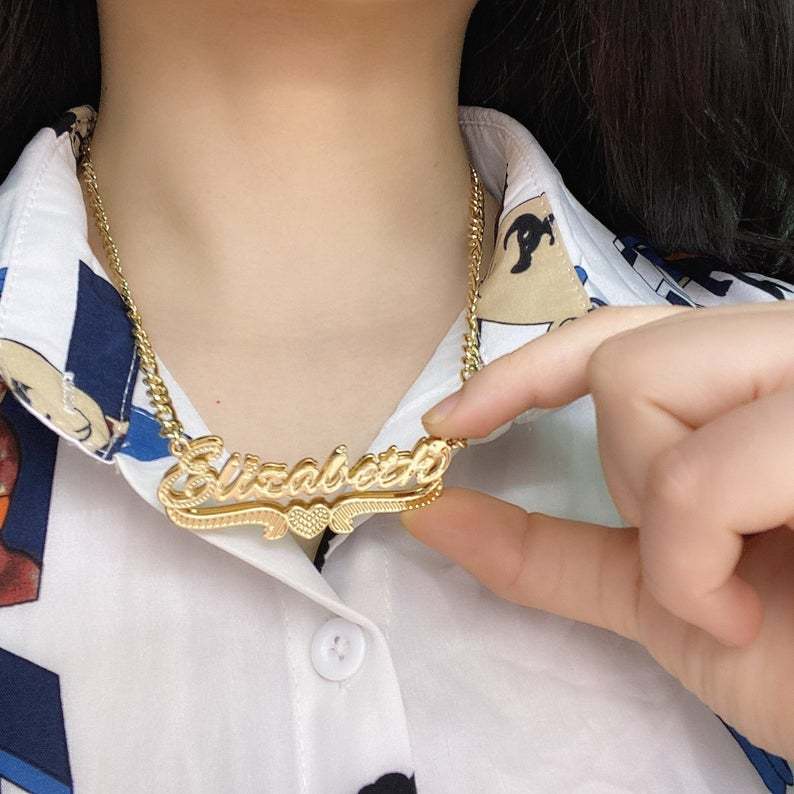 Double Layer Nameplate with Heart Personalized Custom Gold Plated 3D Name Necklace-silviax