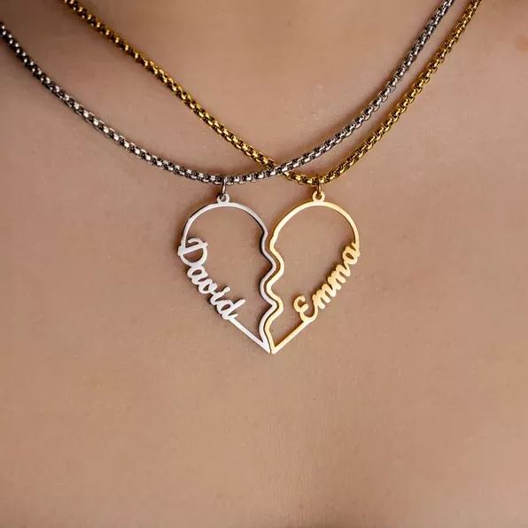 Two Tone Heart Nameplate Pendant Personalized Custom Gold Plated Name Necklace Couple Gift-silviax