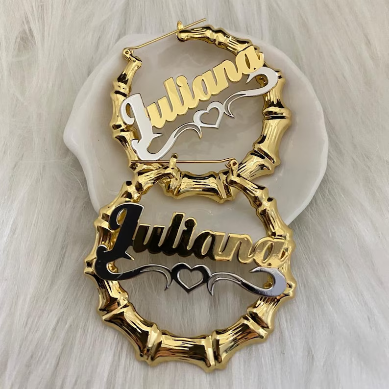 Two Tone Bamboo Earrings with Hollow Heart Personalized Custom Gold Plated Name Earrings-silviax
