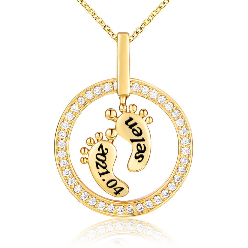 Round Inlaid Zircon With Baby Name And Birthday Foot Personalized Custom Gold Plated Engraved Necklace-silviax