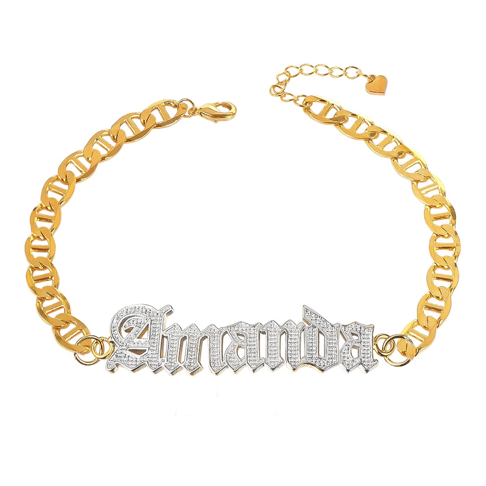 Two Tone Old English Font Gold Plated Personalized Custom Name Anklet-silviax