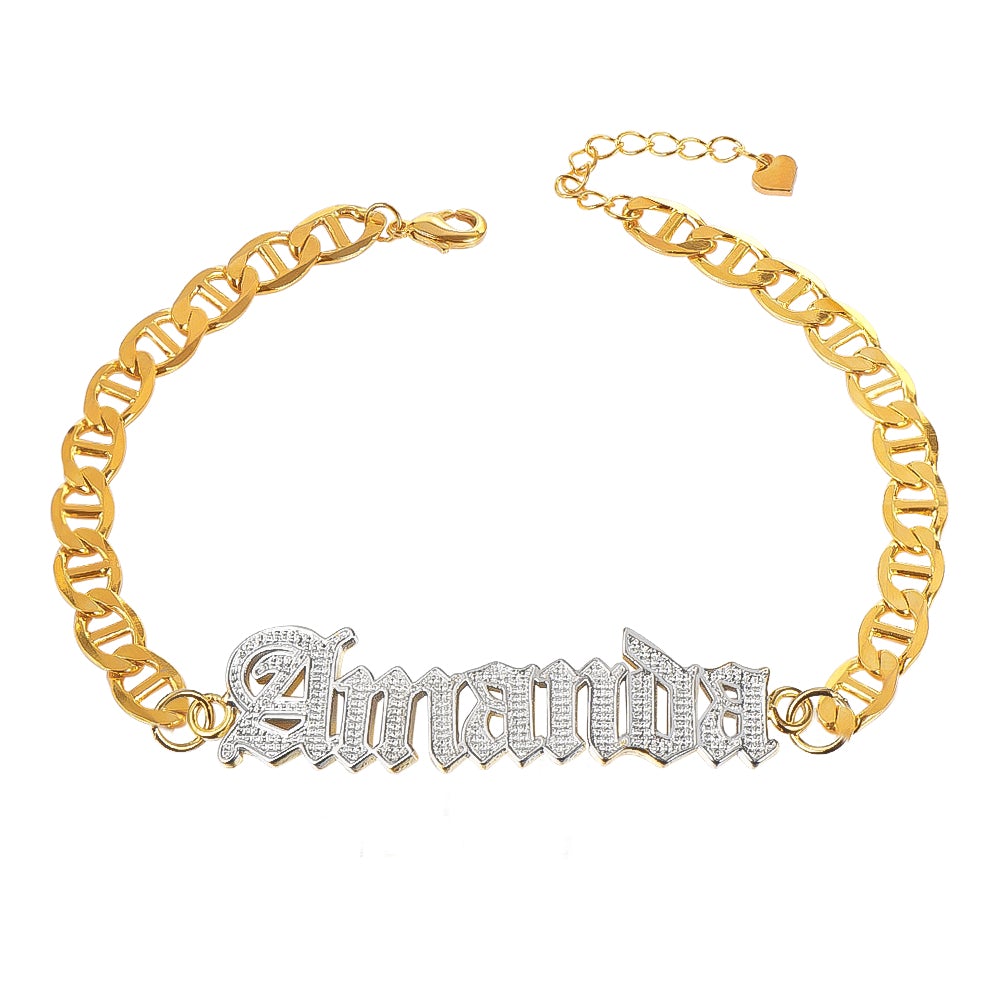 Gold Plated Personalized Old English Font Two Tone Name Bracelet-silviax