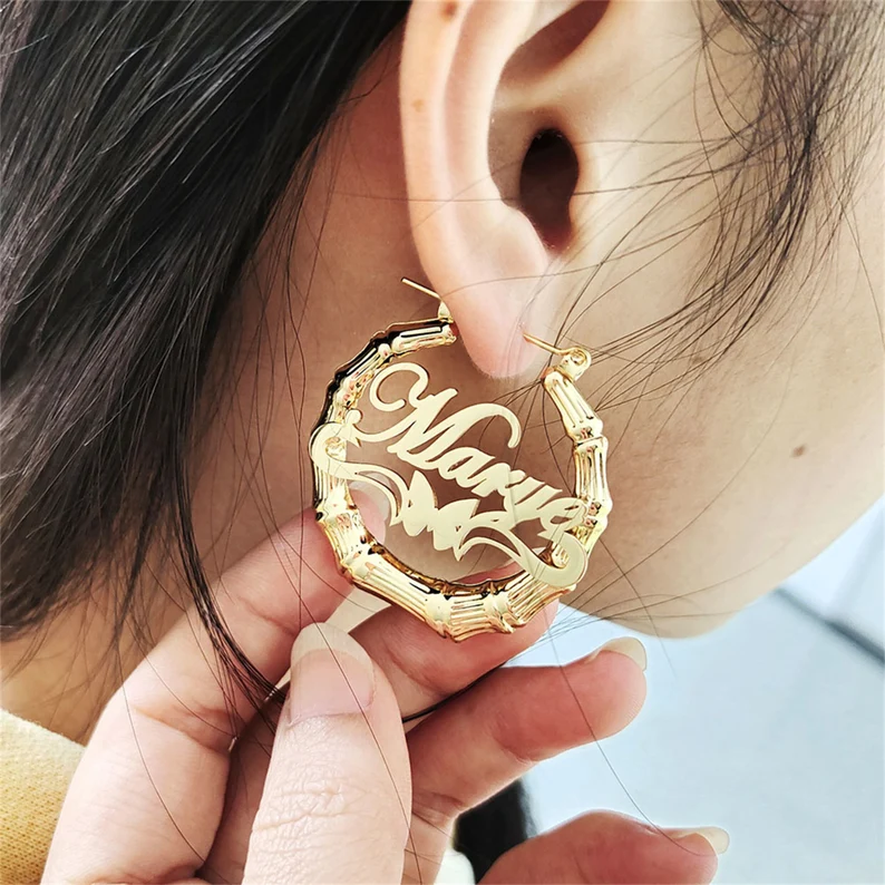 Personalized Custom Gold Plated Underline Butterfly Nameplate Bamboo Earrings-silviax