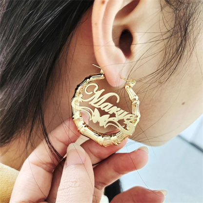 Personalized Custom Gold Plated Underline Butterfly Nameplate Bamboo Earrings-silviax