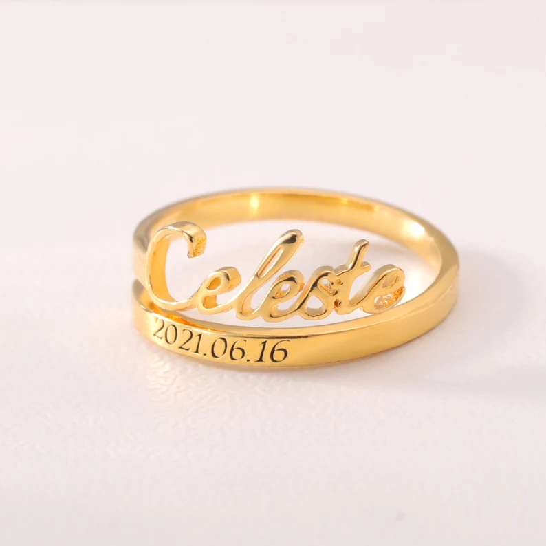 Gold Plated Personalized Custom Minimalist Engraved Date and Name Rings Anniversary Gift