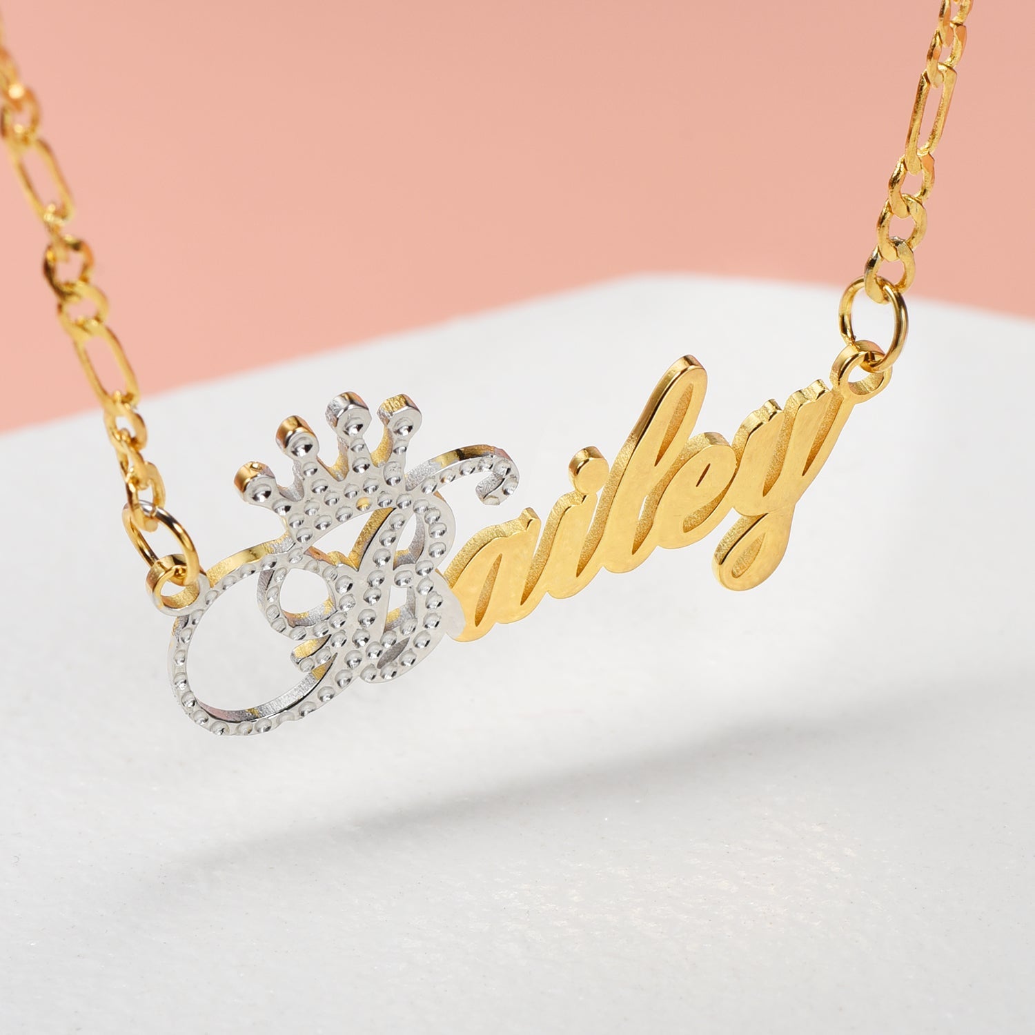 Two Tone Gold Plated Personalized Name Necklace with Crown-silviax