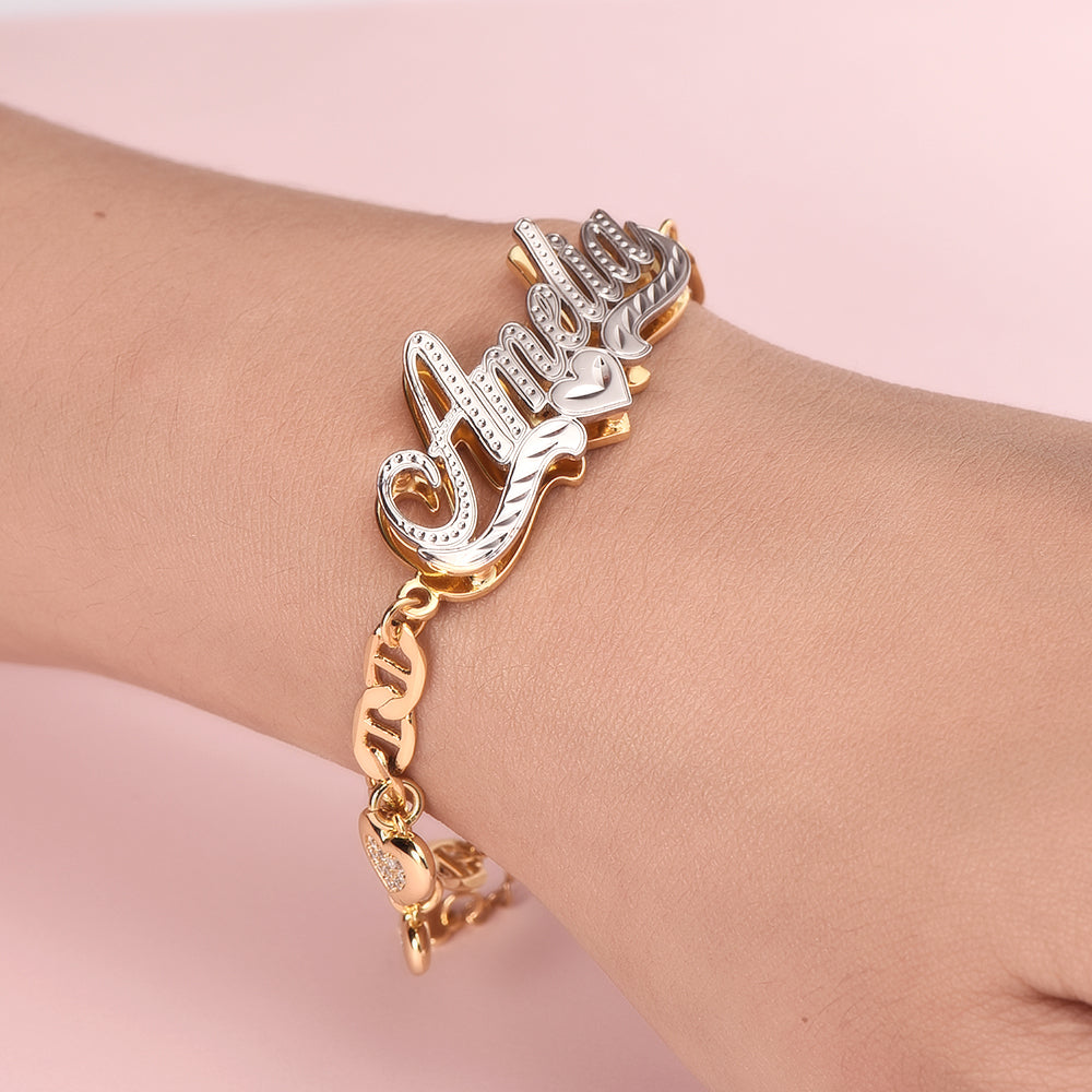 Double Layer Personalized Heart Nameplate With Heart Pendant Custom Name Bracelet-silviax