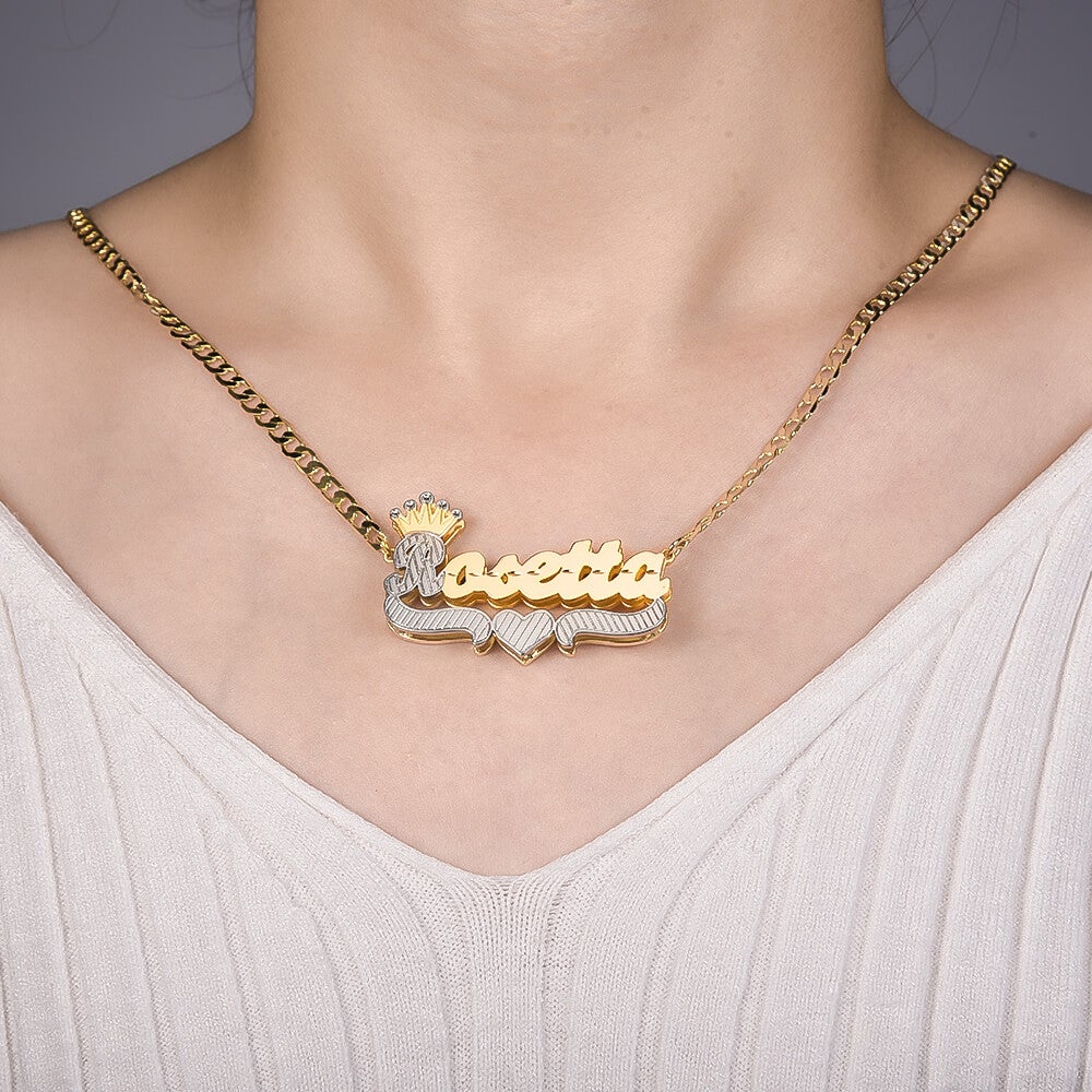 Cross Pendant Necklace and Double Layer Two Tone with Crown Heart Personalized Custom Name Necklace Set-silviax
