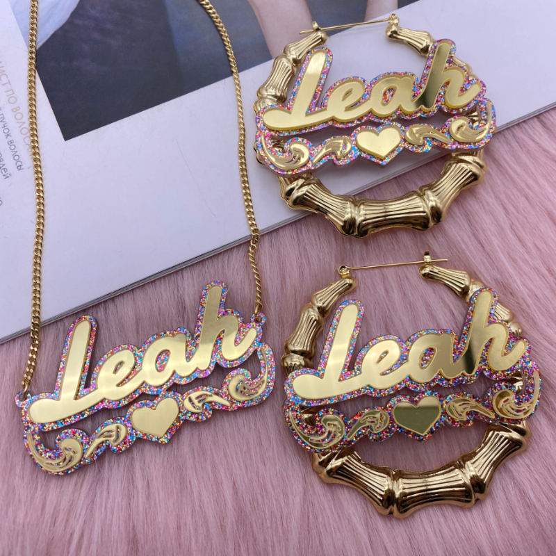 Double Plate Colorful Acrylic Name Jewelry Set Custom Heart Name Necklace And Bamboo Earrings