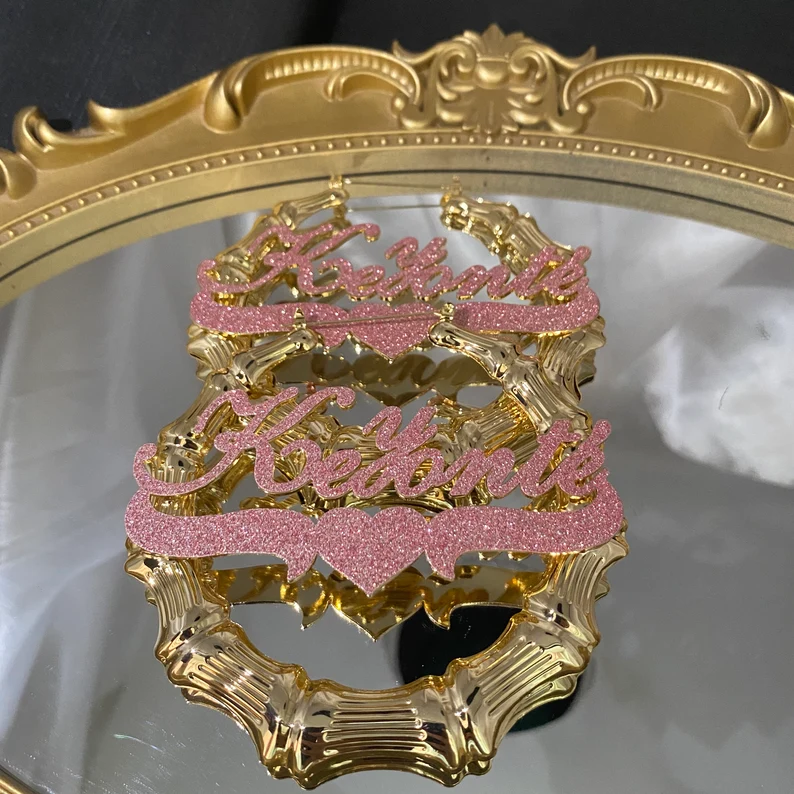 Pink Color Nameplate with Heart Personalized Custom Bling Bamboo Name Earrings Mother Gift-silviax