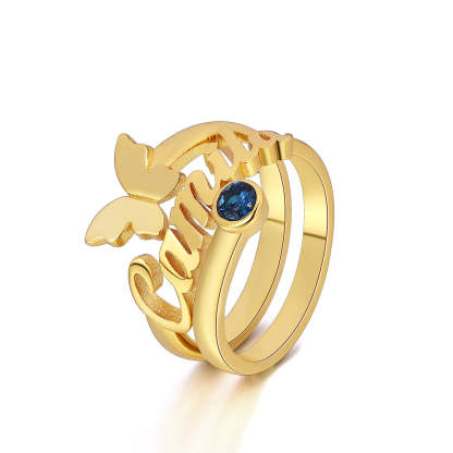 Gold Plated Butterfly Personalized Custom Name Ring with Birthstone-silviax