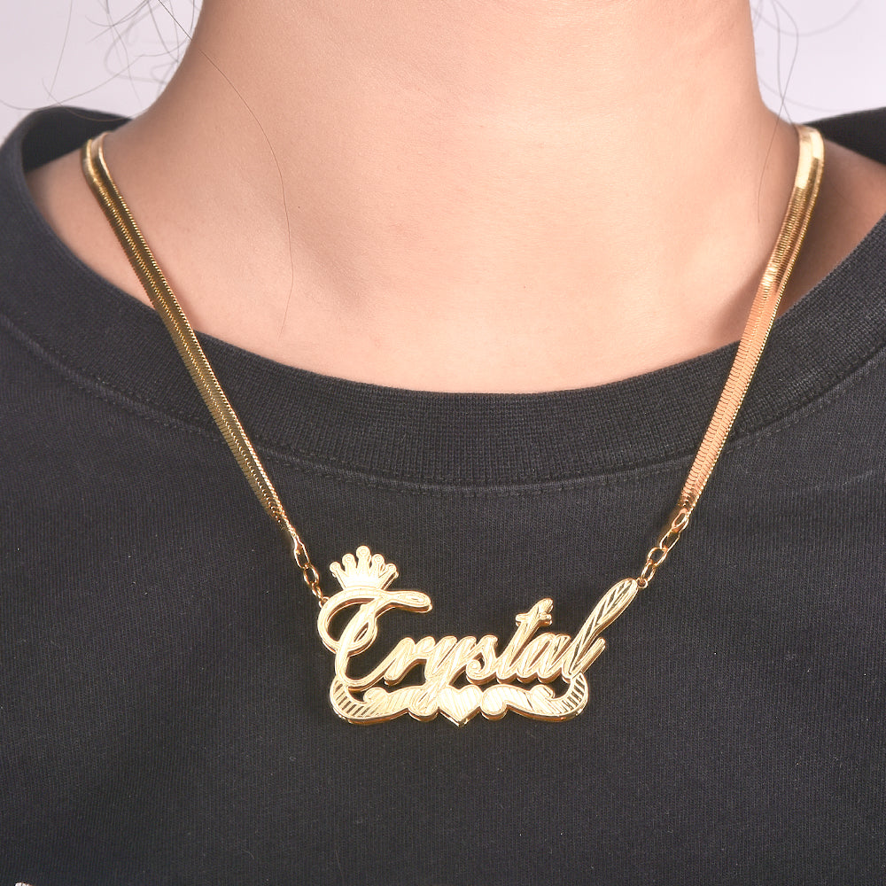 Double Layer Nameplate Crown Heart Personalized Custom Gold Plated Snake Chain 3D Name Necklace-silviax