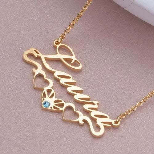 Three Hollow Heart with Birthstone Gold Plated Personalized Custom Name Necklace Mother Gift-silviax