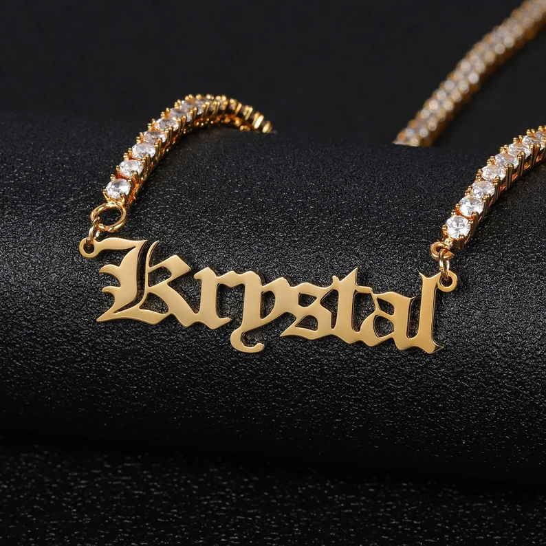 Tennis Chain Old English Font Gold Plated Personalized Custom Name Necklace-silviax