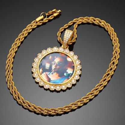 Circle Pendant Inlaid Zircon Engraving Name Personalized Custom Gold Plated Photo Necklace-silviax