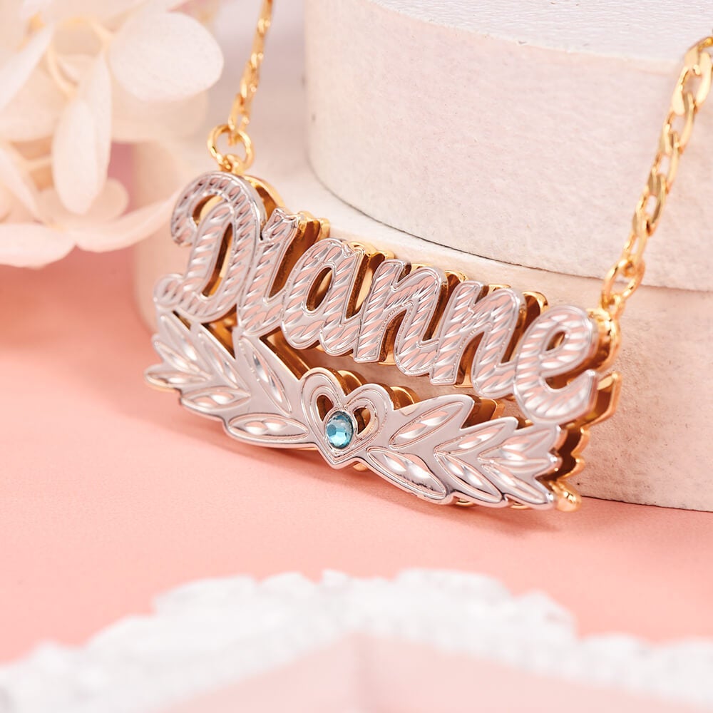 Double Layer Two Tone Wing Heart Nameplate with Birthstone Personalized Custom Gold Plated Name Necklace-silviax