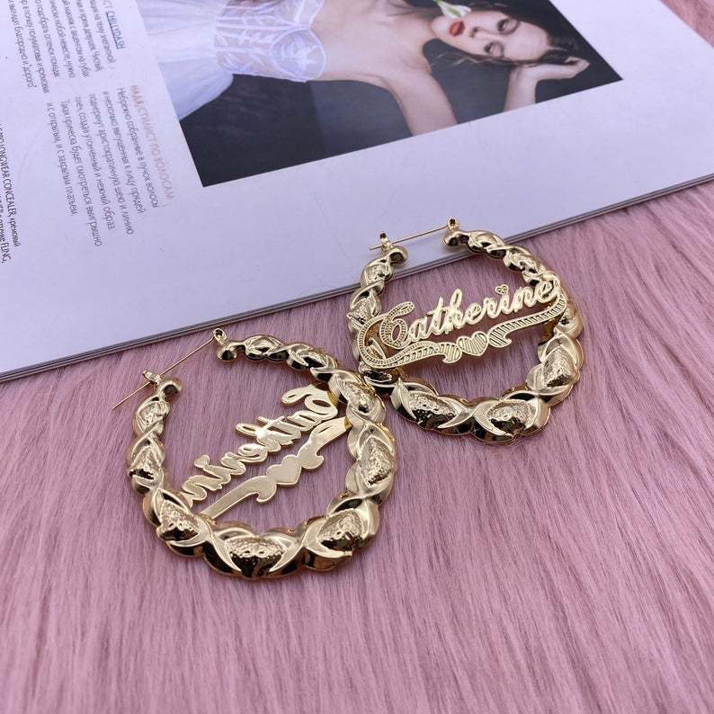 XOXO Bamboo Earrings Heart Nameplate Personalized Custom Gold Plated Name Earrings-silviax