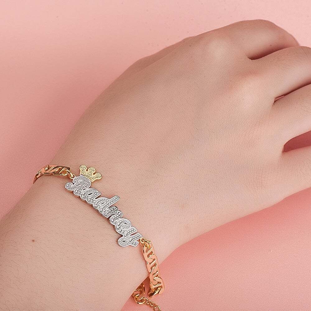 Crown Double Layer Name Necklace And Two Tone Name Bracelet Personalized Custom Gold Plated Set-silviax