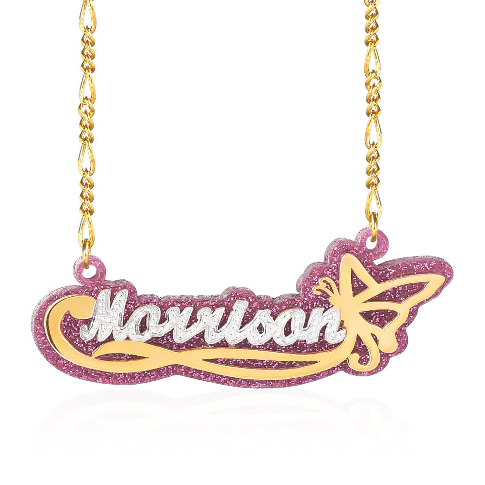 Acrylic Double Layer Two Tone Butterfly Personalized Custom Gold Plated Name Necklace-silviax