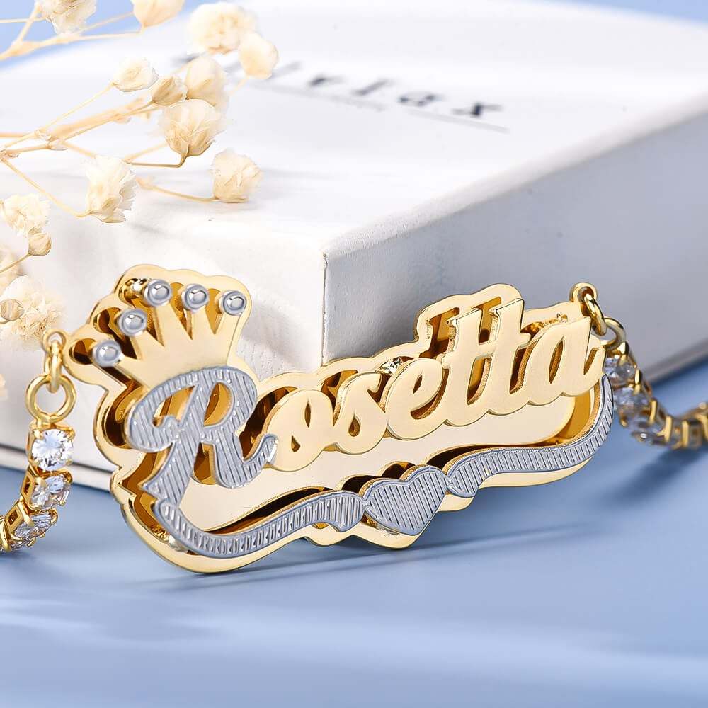 Double Plate Two Tone Crown Heart Nameplate with Tennis Chain Personalized Custom Gold Plated Name Necklace-silviax