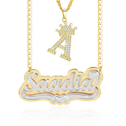 Double Plate Two Tone with Heart Name Necklace and Initial Necklace with Crown Personalized Custom Gold Plated Set-silviax