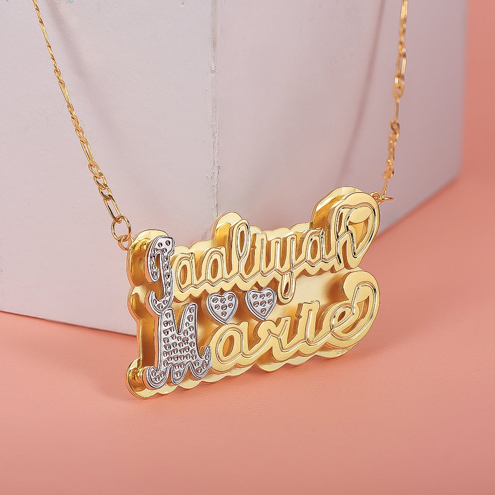 Double Layer Two Tone with Two Hearts Personalized Custom Gold Plated Name Necklace-silviax