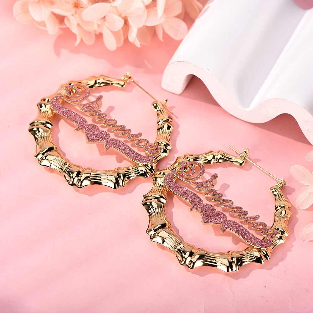 Pink Color Nameplate with Heart Personalized Custom Bling Bamboo Name Earrings Mother Gift-silviax